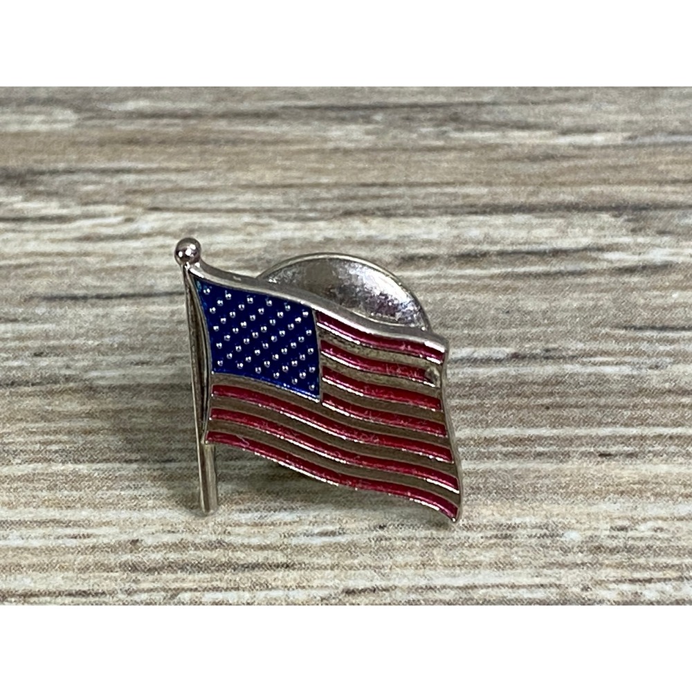 American Flag Lapel Pin Waving USA Patriotic Red White Blue Enamel Silver Tone